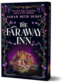 Корица на книгата The Faraway Inn (Paperback), на която е изобразена сияйна гостилница във Върмонт сред цветя и зеленина, на фона на лилаво-черна омагьосана гора - идеална за любителите на уютното фентъзи, които обичат магически тайни.
