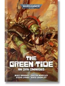 Корицата на The Green Tide: An Ork Omnibus представя могъщ военен бос в бойна броня, който води експлозивна атака на орките, пресъздаваща хаоса на Warhammer 40 000. Имената на авторите се появяват под заглавието - епично заглавие за феновете на орките ром