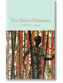 Корица на книгата "Сърцето на мрака и други истории" с илюстриран силует сред високи, гъсти червени и зелени тропически растения от поредицата класически книги на Macmillan Collector's Library.