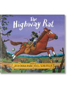 Илюстрация от книгата "Плъхът от магистралата", на която плъхът е облечен като разбойник с шапка и пелерина, препускащ на кон през нощта, държащ меч и носещ торба. Име на продукта: Плъхът от магистралата.