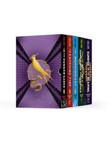 Кутията "Игрите на глада" 1-5 включва всичките пет книги на Сюзън Колинс в дръзка лилава кутия с дизайн на жълта птица и стрела, включително "Игрите на глада", "Огън за улавяне", "Присмехулник", "Балада за песните и змиите" и "Изгревът на жътвата".