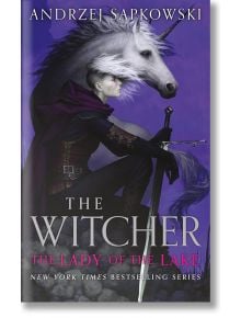 Корицата на книгата "Господарката на езерото" (Заклинателят, книга 7), на която е изобразена Кири в тъмна броня, коленичила с меч до бял еднорог на лилав фон.