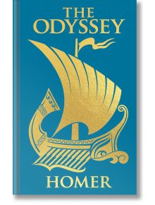 Синя книжна корица със златен текст "Одисея" (Arcturus Ornate Classics), със стилизиран древногръцки кораб в златно - изящно колекционерско издание, идеално за любителите на литературата.
