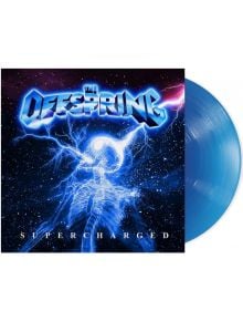 Обложката на албума на The Offspring - Supercharged (VINYL), пънк рок албум, показва светещ син скелет с мълнии в пространство, изпълнено със звезди, а вдясно се вижда част от полупрозрачния син винил.