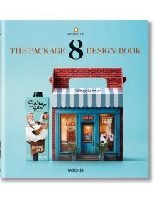 Корицата на книгата The Package Design Book 8 показва илюстрирана витрина на магазин с картонена опаковка на Sahar Sun Barista Milk, с детайли от дизайна на опаковката на Pentawards, тента на сини райета и мотиви на кафе на светлосин фон.