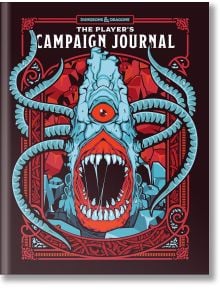 Дневникът на кампанията на играча (Dungeons and Dragons) има стилизиран син наблюдател с голямо централно око и отворена уста на корицата, заобиколен от червени и сини геометрични фигури - идеален за проследяване на сесиите на кампанията.