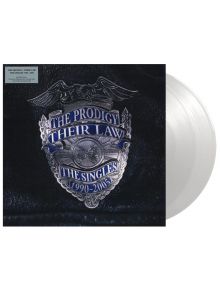 Обложка на албума The Prodigy - Their Law: (2 VINYL) има дизайн на сребърна полицейска значка със сини знамена и прозрачна винилова плоча на Prodigy, която се вижда частично от дясната страна.