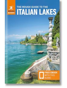 Корицата на "The Rough Guides to the Italian Lakes": На корицата на пътеводителя с електронна книга са изобразени сините води на езерата, каменни стъпала и стълбове, зелени градини, вили, далечни планини - плюс оферта за безплатна електронна книга, показа