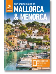 Корицата на "The Rough Guide to Mallorca and Menorca": На корицата на пътеводителя с електронна книга, идеална за независими пътешественици, са изобразени лодки в чиста синя вода, бели къщи, зеленина, светло небе, а в долната част е поместена оферта за бе