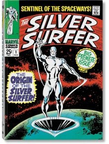 Корица на комикс за библиотека на Marvel Comics: Силвър Сърфър 1968-1970 показва Силвър Сърфър, който се издига в космоса над планета, с текст: Сребърният сърфист, страж на космическите пътища! и Произходът на Сребърния сърфист!.