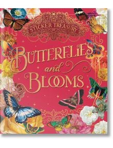 Съкровищницата на стикери с цветя и пеперуди: декоративна корица на книгата със златни надписи, цветни пеперуди и стикери с винтидж цветя на червен фон - идеална за любителите на скрапбукинга.
