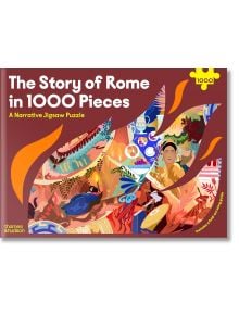 Корица на Пъзел Thames and Hudson: The Story of Rome, 1000 части, с цветни, стилизирани илюстрации на римската история и личности като Вергилий Рим; текстът подчертава включването наръчник.