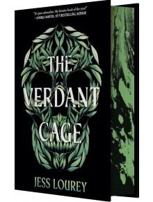 Корицата на книгата The Verdant Cage (Deluxe Edition): череп, оформен от зелени листни клони на черен фон, със зелен мраморен рисунък на гръбчето и ръбовете на страниците. Ограничено колекционерско издание в Долината на Ной от Джес Лури.