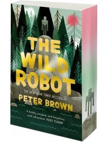 Корицата на книгата "Дивият робот" Special Deluxe Edition изобразява сив робот върху голяма скала сред борови дървета, с червено слънце горе и вода долу - привличаща вниманието илюстрация към известния роман на Питър Браун.