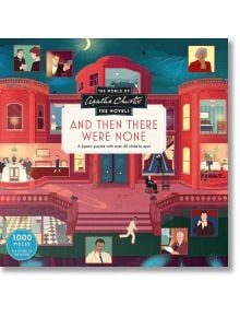 Пъзел Лорънс Кинг: И тогава нямаше никой, 1000 части - кутия с илюстрована корица на червено имение с хора в различни стаи, надпис и над 40 скрити следи за откриване.