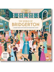 Илюстрирана кутия на пъзел Laurence King: The World of Bridgerton, 1000 части - показва изискани герои на пищен бал във впечатляваща зала; перфектният официален Bridgerton мерч за фенове!.