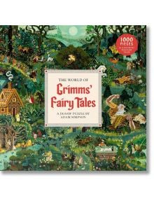 Пъзел Лорънс Кинг: The World of Grimms' Fairy Tales, 1000 части има цветна кутия с илюстрации по приказки на Братя Грим и включва гид-идеален подарък за любители на загадки.