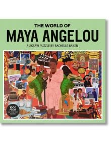 Корицата на кутията на Пъзел Laurence King: 1000 части - цветен колаж с Мая Анджелоу в центъра, заобиколена от емблематични моменти от нейния живот и кариера.