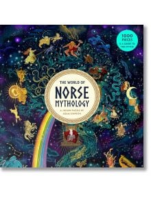 Пъзел Лорънс Кинг: Митични създания, дъга мост и звездно син фон. Илюстриран от Адам Симпсън.