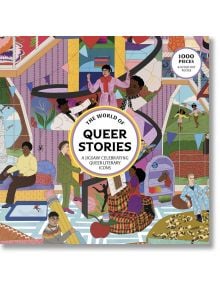 Пъзел Лорънс Кинг: 1000 части. Кутията с илюстрация показва LGBTQ+ писатели и икони на куиър литературата в пъстри стаи с книги. Включва плакат и 1000 части.