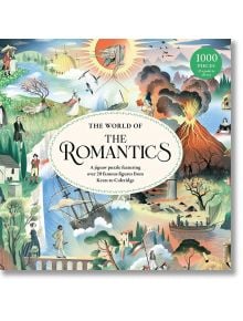 Пъзел Лорънс Кинг: Поглед към света на романтиците, 1000 части - кутия с илюстрация на поети, пейзажи, кораби и вулкан. Съдържа над 20 известни фигури от Кийтс до Колридж.