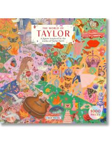 Пъзел Лорънс Кинг: Светът на Тейлър, 1000 части, с цветни илюстрации на жена с китара, животни, сърца и пеперуди - вдъхновен от темите на Тейлър Суифт.