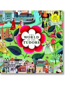 Цветна илюстрована кутия за Пъзел Laurence King: с хора от епохата на Тюдорите, исторически сгради, лодки и голяма тюдорска роза с надпис "Светът на Тюдорите" в центъра - Iсторически пъзел за Тюдорите.
