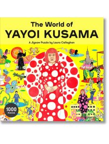 Пъзел Лорънс Кинг: The World of Yayoi Kusama, 1000 части - кутията показва илюстрован портрет на Яйой Кусама в червена рокля на точки, обградена от цветни, въображаеми сцени.