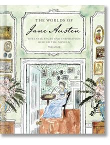 Корицата на книгата "Световете на Джейн Остин" изобразява жена в старинно облекло, която пише на бюро в богато украсена стая с елегантни рамки и вази - изискана почит към класическата литература.