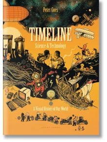 Корица на Timeline Science And Technology: Визуална история на нашия свят, с илюстрации на изобретения като кораби, роботи, компютри, велосипеди и цепелин за деца - на оранжев фон.