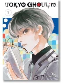 Корица на „Tokyo Ghoul: re“, том 1, на която е изобразен андрогинен герой със сива коса, държащ очила и книга на фона на пъстър, абстрактен пейзаж. На корицата са изписани заглавието и името на автора Суи Ишида, като това представлява впечатляващо въведен