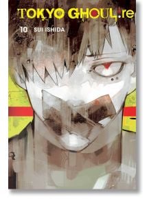 Корица на „Tokyo Ghoul: re“, том 10, от Суи Ишида, на която е изобразен близък план на герой с хетерохроматични очи и тиксо върху устата, на фона на абстрактен, износен фон с жълти и червени акценти — впечатляваща картина, която олицетворява сътресенията,