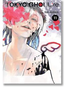 На корицата на „Tokyo Ghoul re“, том 11, е изобразен герой със затворени очи и бяла коса, подчертан от ярки розови и черни пръски боя по лицето и рамото му. Абстрактни мотиви и стилизирано крило допринасят за динамичната композиция — впечатляваща визия, к