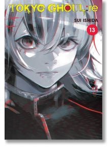 Корица на „Tokyo Ghoul re“, том 13, от Суи Ишида, на която е изобразен близък план на мрачен аниме герой със светла коса, изразителни тъмни очи и червени акценти. На фона се забелязват дискретни препратки към CCG, които подсказват за продължаващата борба 
