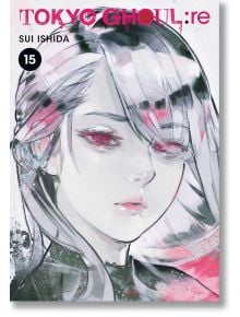 Корица на „Tokyo Ghoul re“, том 15, от Суи Ишида. Дизайнът представя илюстрация в близък план на герой с дълга, бледа коса и яркорозови очи, като е подчертан с ярки розови и черни пръски боя — динамичен акцент, който отразява характерната естетика, присъщ