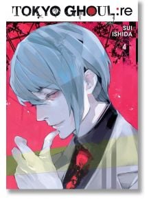 Корица на „Tokyo Ghoul re“, том 4, на която е изобразен блед герой със сини коси, облечен в костюм, замислен, с пръсти, докосващи устните му. Розовият фон е подчертан от черни клони, а заглавието е разположено в горната част, като изтъква важен член на от