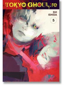 Корицата на „Tokyo Ghoul re“, том 5, от Суи Ишида, представя два абстрактни портрета в ярки цветове с изразителни изражения — членове на отряда „Qs“, чиито скрити способности „Кагуне“ се проличават в погледите им. В горната част е изписано заглавието в яр