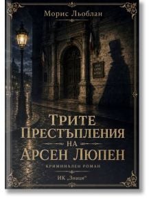 Българска корица на книгата „Трите престъпления на Арсен Люпен“: мъж в сянка с шапка стои на дъждовна улица до внушителна сграда. Заглавието гласи „Трите престъпления на Арсен Люпен“.