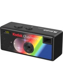 Компактна ретро стил камера, Цифров фотоапарат Kodak - Charmera Keychain, асортимент е мини дигитална камера с центриран обектив и цветна дъгова призма визия с бели и червени надписи.