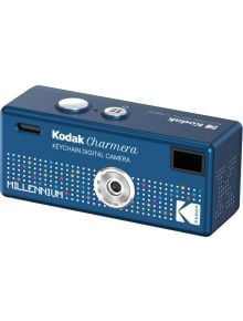 Синя цифрова фотоапарат Kodak - Charmera Keychain Millennium, от асортимента, украсен с многоцветни точки и снабден с бутони, обектив, визьор и надпис „MILLENNIUM“.