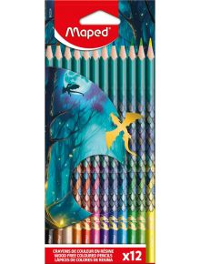 Цветни моливи Maped Color Peps Dragon, 12 цвята, с фантастичен дизайн с дракони и магически горски фон — идеален избор за детското творчество.
