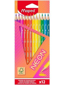 Кутия с 12 цветни моливи Maped Neon в ярки, дъговидни нюанси, подредени в триъгълна витрина. На смелата червена опаковка има надпис NEON и информация за продукта на английски, френски и испански език - предлага се в книжарница Orange.
