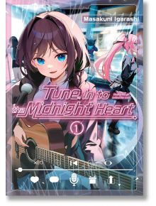 Момиче с къса кафява коса и сини очи в аниме стил свири на китара със слушалки, подобно на VTuber. Момиче с дълга розова коса в училищна униформа минава покрай него. Неонов текст: "Настройте се на Midnight Heart, Vol. 1.