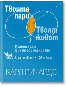 Синя корица на книга с текст на български език и диаграма на Вен с надписите „Твоите пари“ и „Твоят живот“. Оранжево оцветената пресечна точка подчертава съществената връзка между „финансово планиране“ и „лични финанси“. Името на автора, Карл Ричардс, е п