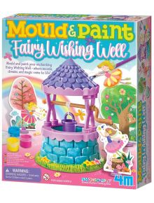 Цветна кутия за Творчески комплект 4M Mould & Paint - Направи сам кладенец, включваща лилаво-синьо феерично кладенче, съдове за боядисване, четка, фигурка на фея и декорации. За възраст 5+ - идеална за феновете на образователни играчки.