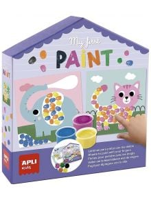 Творчески комплект Apli Kids - Моята първа рисунка с пръсти включва слон и коте с цветни отпечатъци от пръсти, три бурканчета с боя и пръстче на дете, което сочи котето.