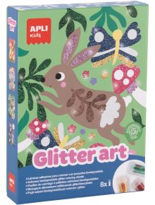 Творчески комплект Apli Kids - Рисуване с брокат: кутия с анимационно зайче, брокатени елементи, пеперуди и цветя. Съдържа 4 листа и 8 пакета биоразградим брокат от екологични материали - за творчески деца!.