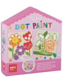 В розова кутия с надпис "Творчески комплект Apli Kids - Рисуване с точки" са показани изработени на точки цветя и охлюви. Комплектът включва боички и инструменти за поставяне на точки за детско изкуство и рисуване с точки.