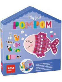 В цветна кутия с форма на къща с надпис Творчески комплект Apli Kids с помпони има усмихната рибка, украсена с розови помпони, животни и материали за занаяти. Лилавата опаковка подчертава този творчески комплект от APLI Kids.