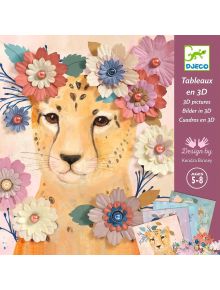 Илюстрирана корица на творчески комплект "Картини Furry Friends с текстилни цветя" на Djeco за деца от 5 до 8 години. Представлява лице на гепард, цветни 3D текстилни цветя и мек пастелен дизайн на Кендра Бини.